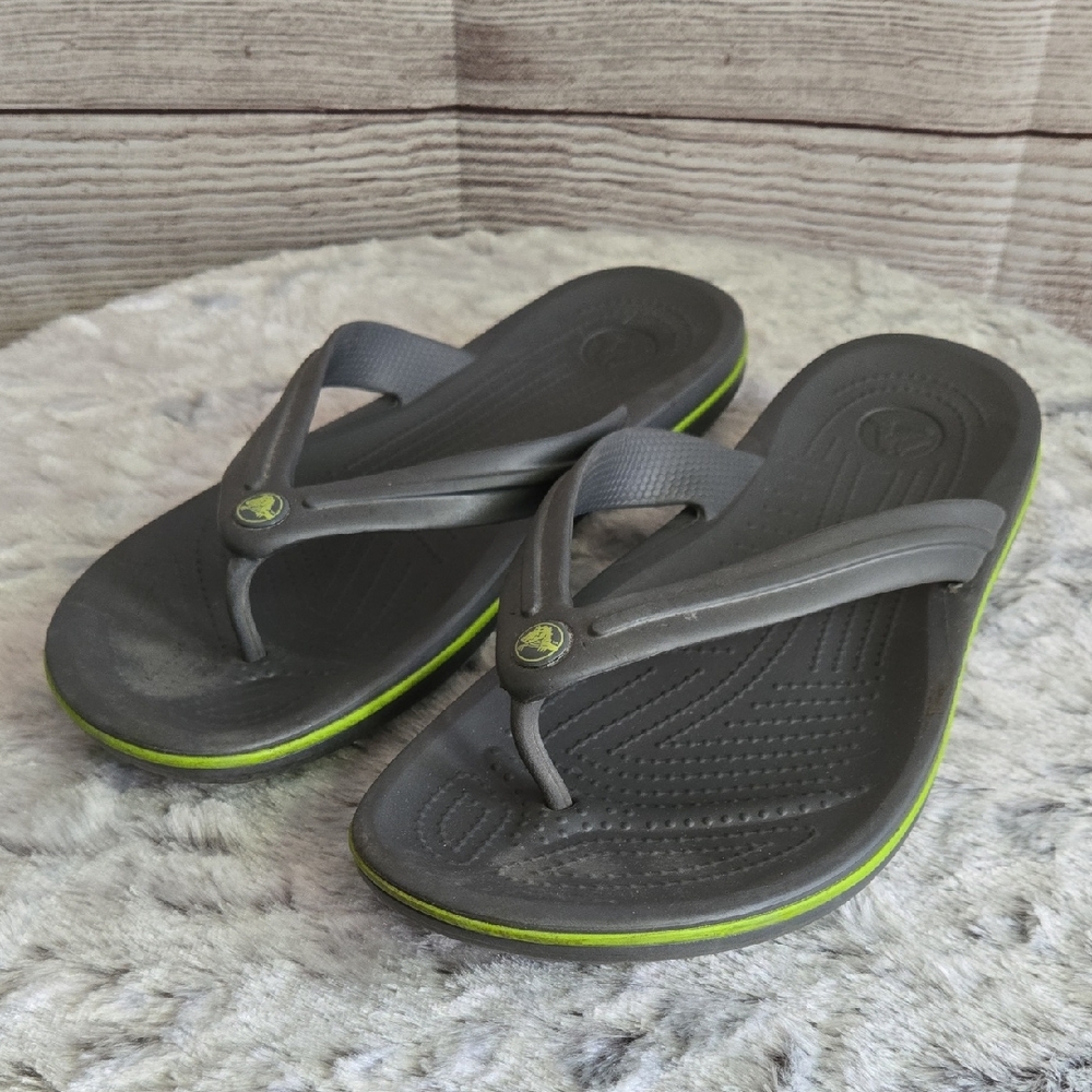 Crocs Grey/Green Flip Flops, Mens 12, Great Condition